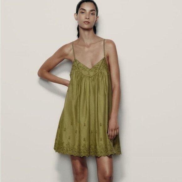 Zara Embroidered Chemise Dress Green Size XS - Picture 4 of 11
